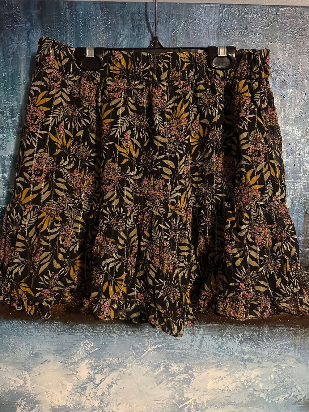 Zara Black Floral Tiered Mini Skirt with Pink & Mustard Accents